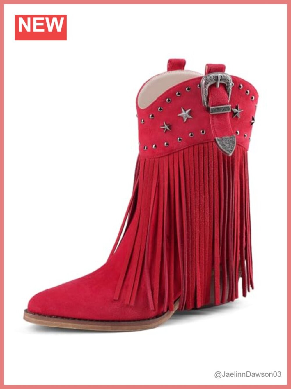 Women's Fringe Ankle Boots Pointed Toe Star Studs Buckle Pull-On Chunky Heel